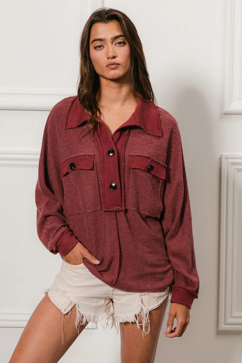 Cp French Terry Cut Edge Detail Collared Top