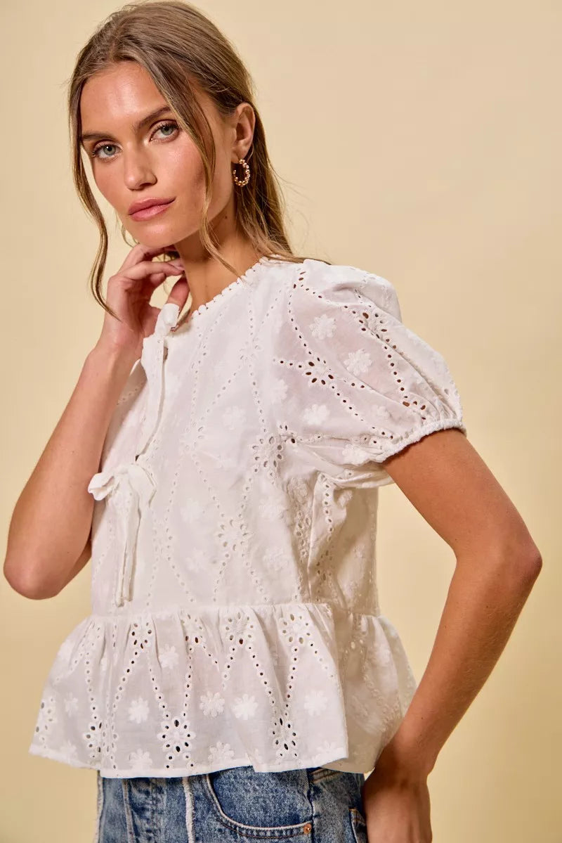 Cotton Eyelet Front Tie Short Sleeves Blouse