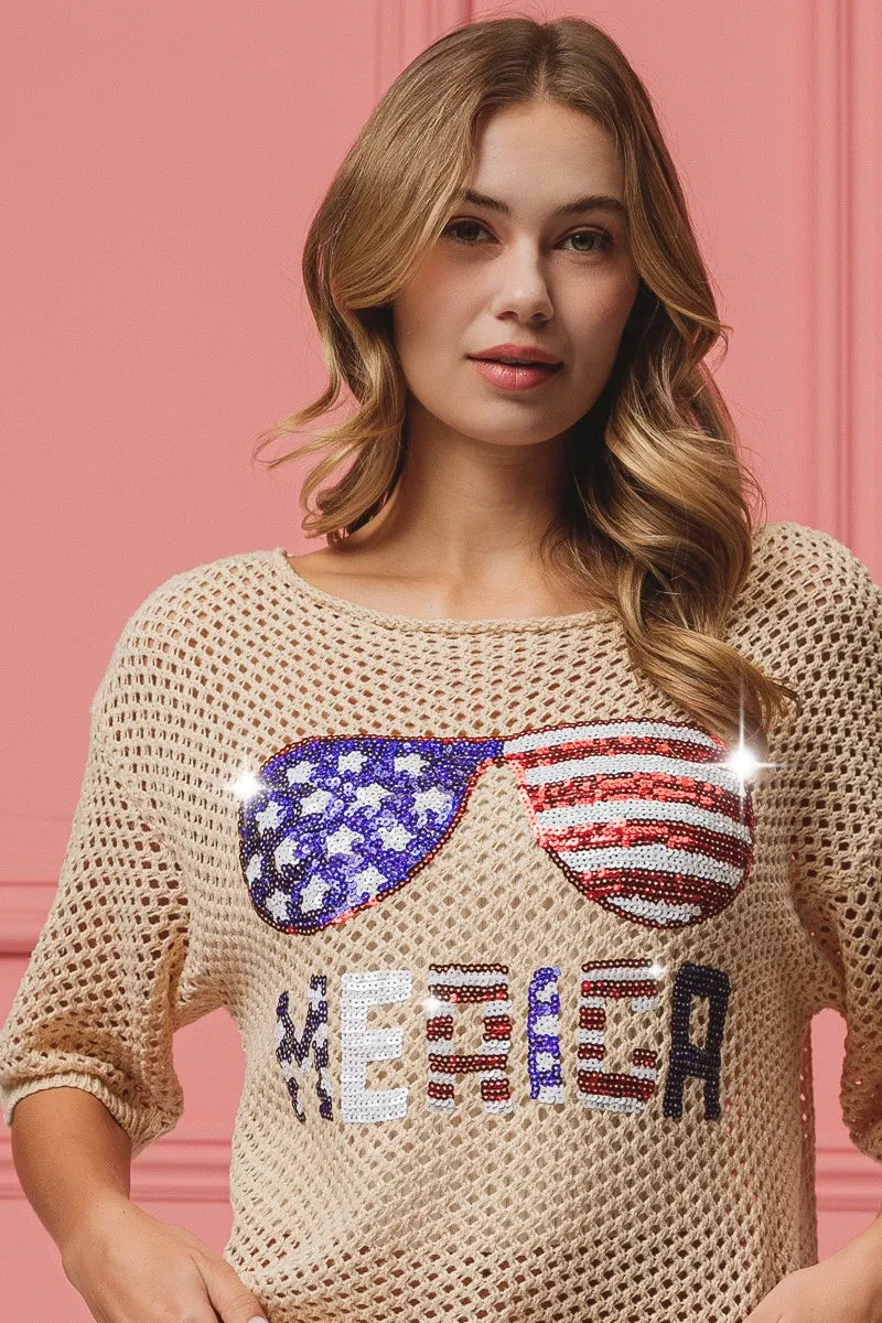 Sequin American Flag Sunglasses Knit Cover Up