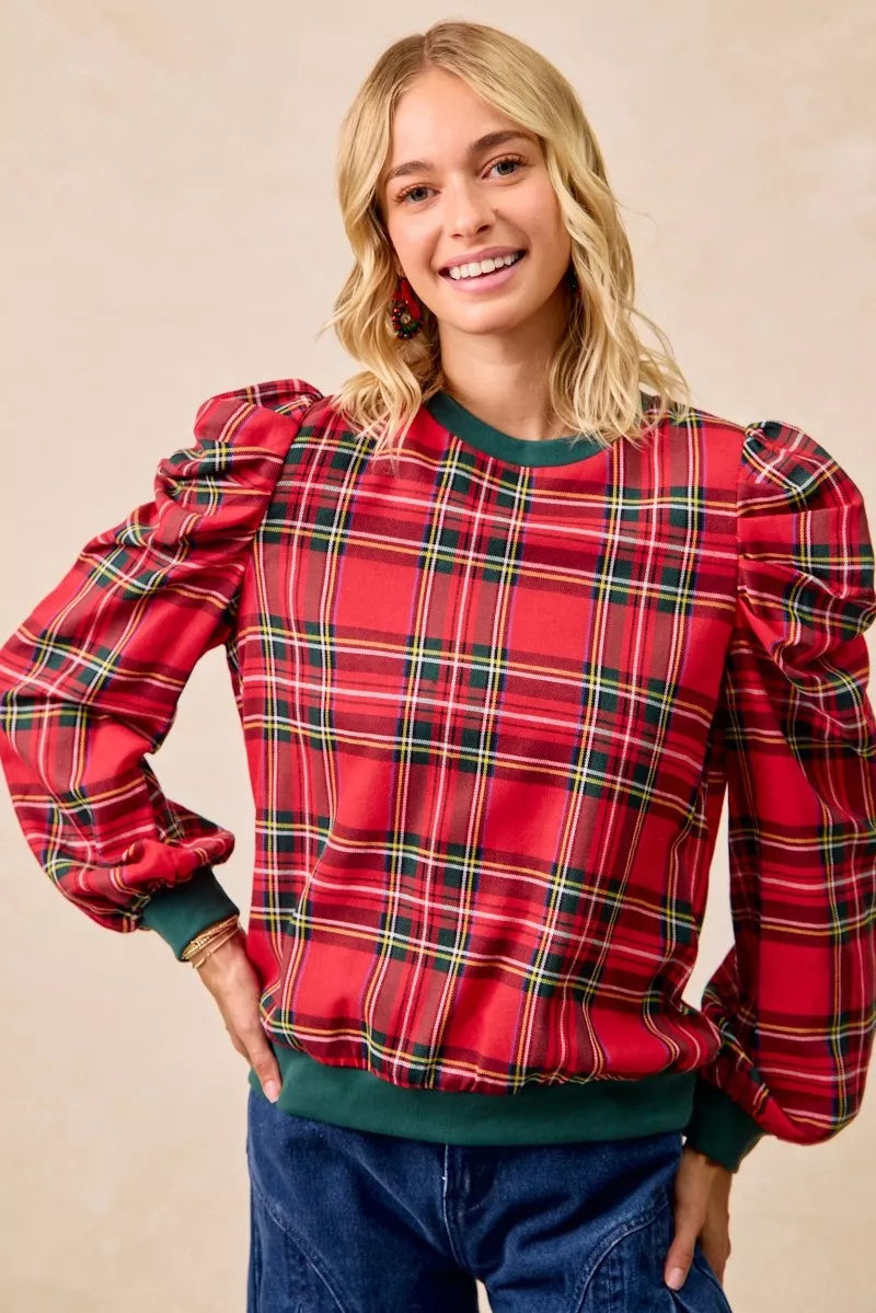 Christmas Plaid Exaggerated Shoulder Sleeves Top