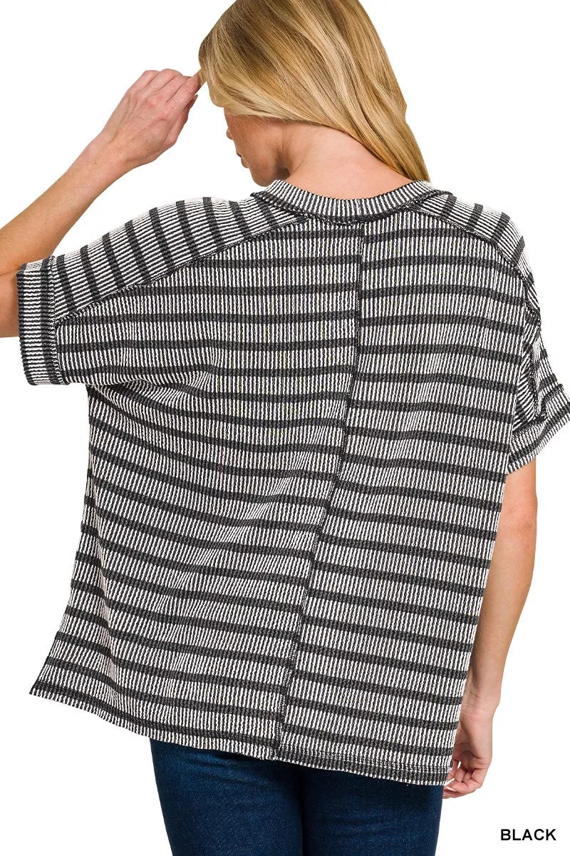 Raised Rib Striped Exposed Seam Top