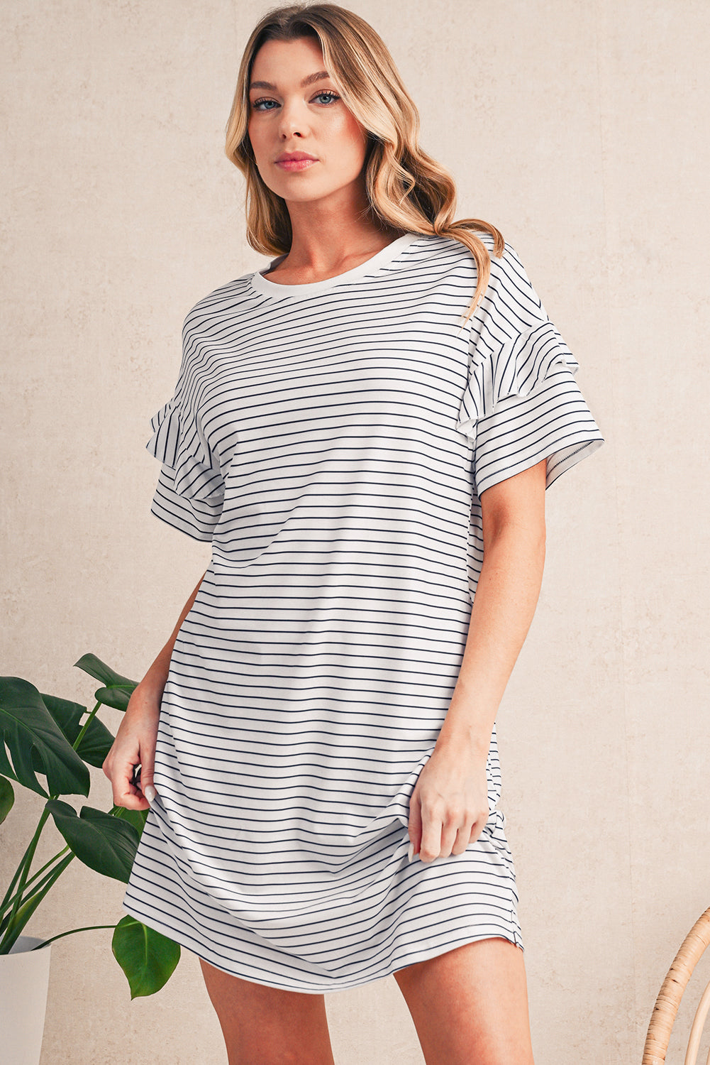 White Stripe Ruffle Short Sleeve T Shirt Mini Dress