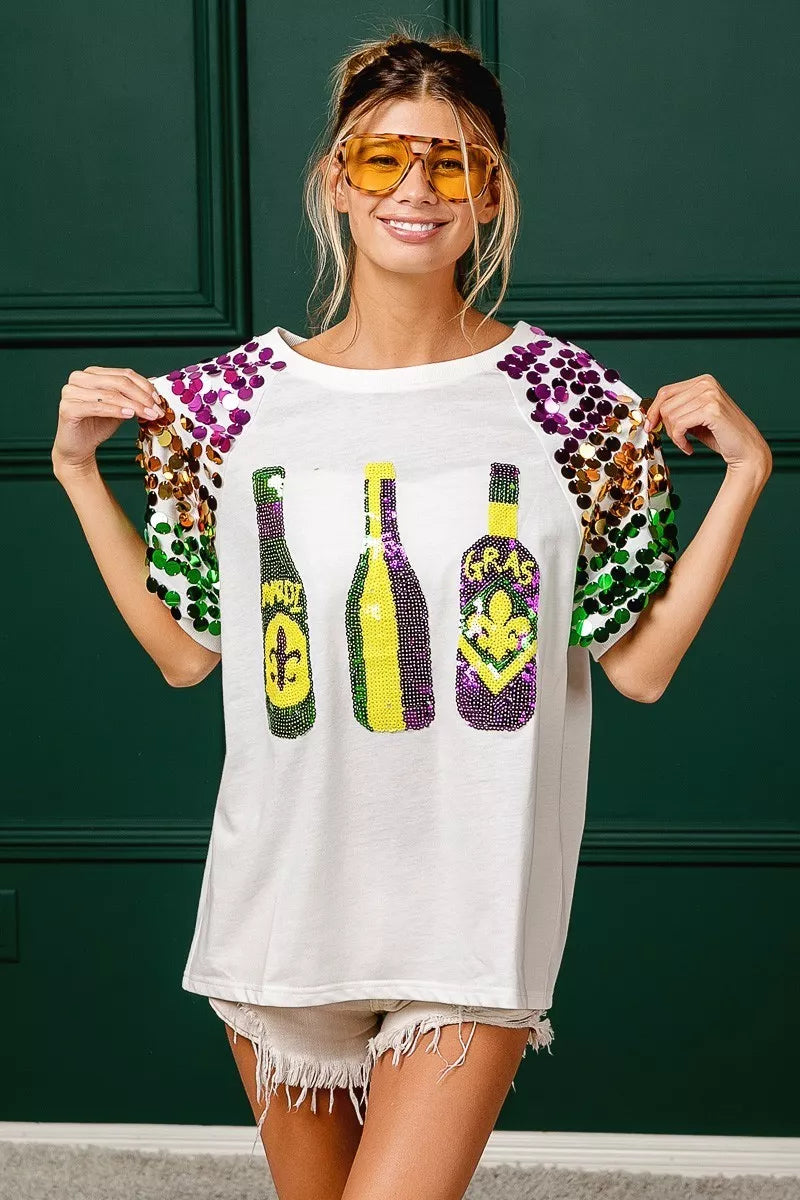 Sequin Mardi Gras Bottles Spangled Sleeve Top