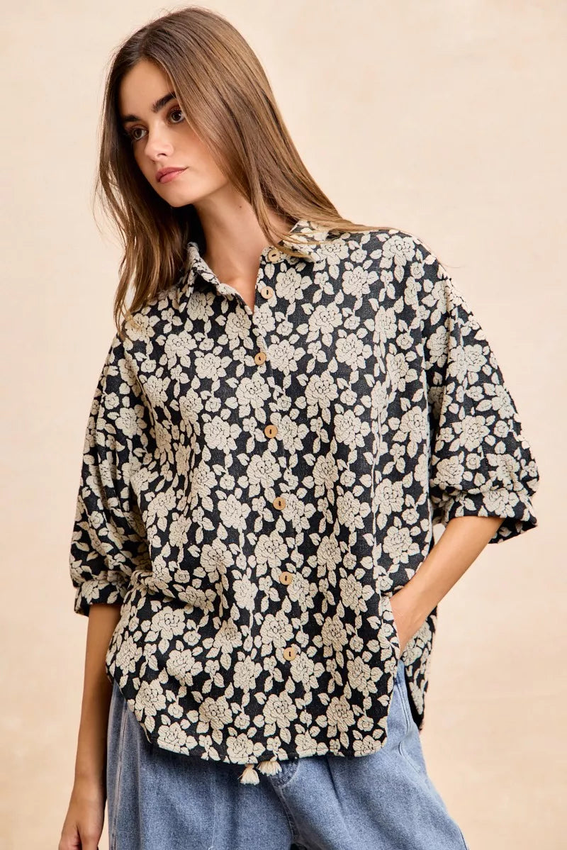 Floral Jacquard Short Dolman Sleeves Shirt