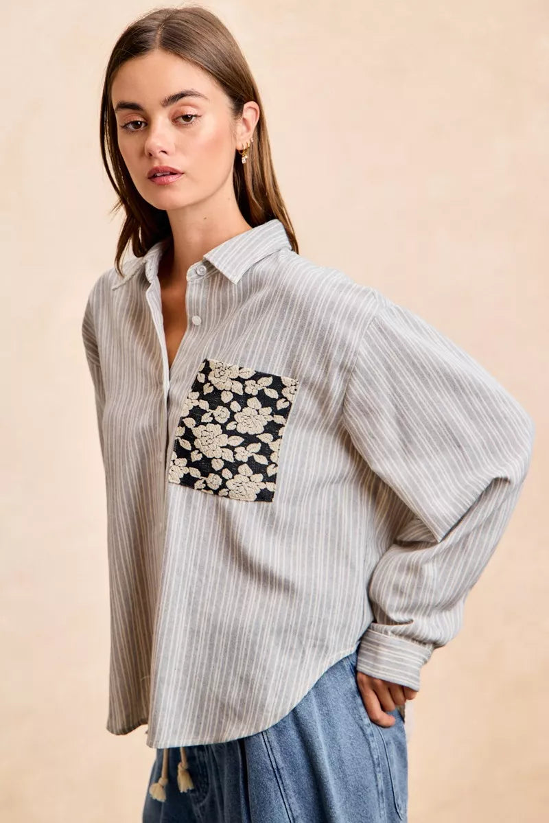 Flower Jacquard Knit Patch Pocket Stripe Shirt