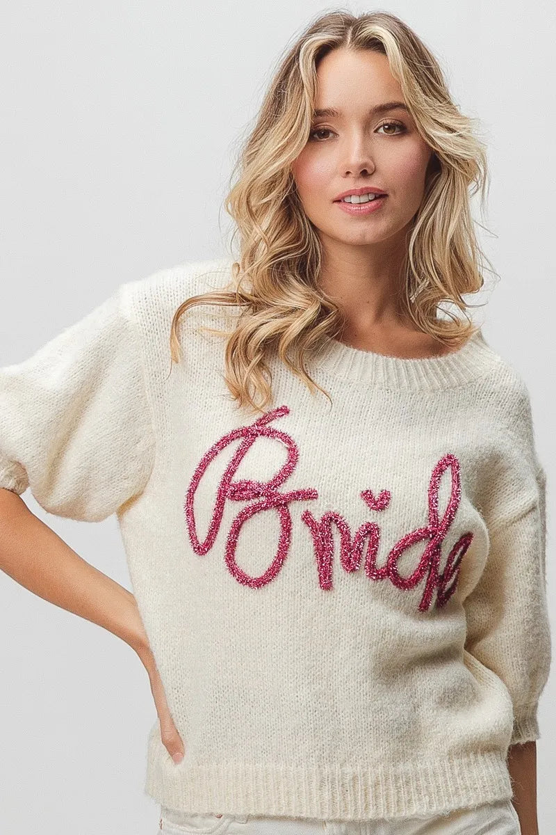 Metallic Letter Short Puff Sleeve Hairy Sweater