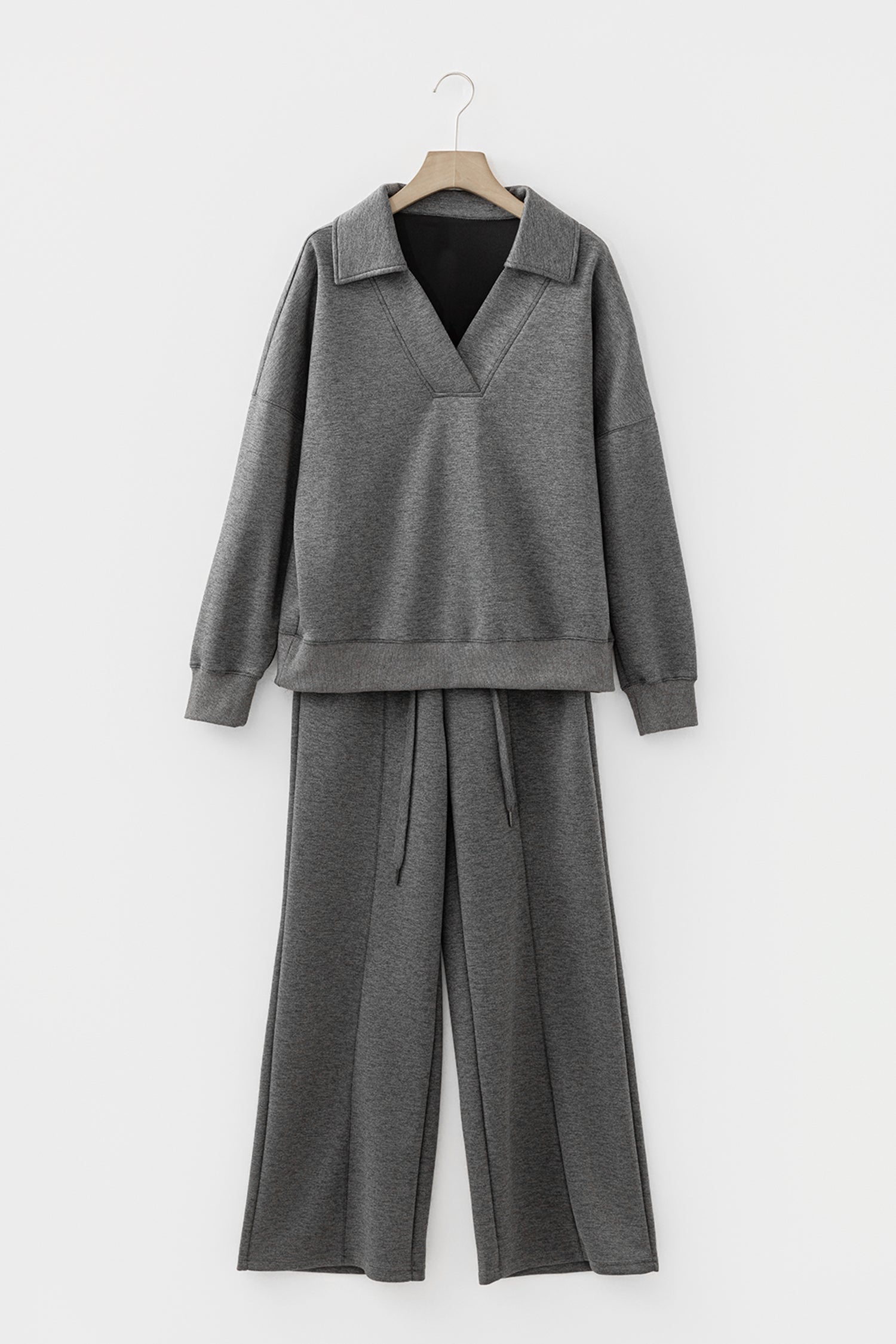Medium Grey Collared V Neck Pullover Sweatshirt Sweatpants Set
