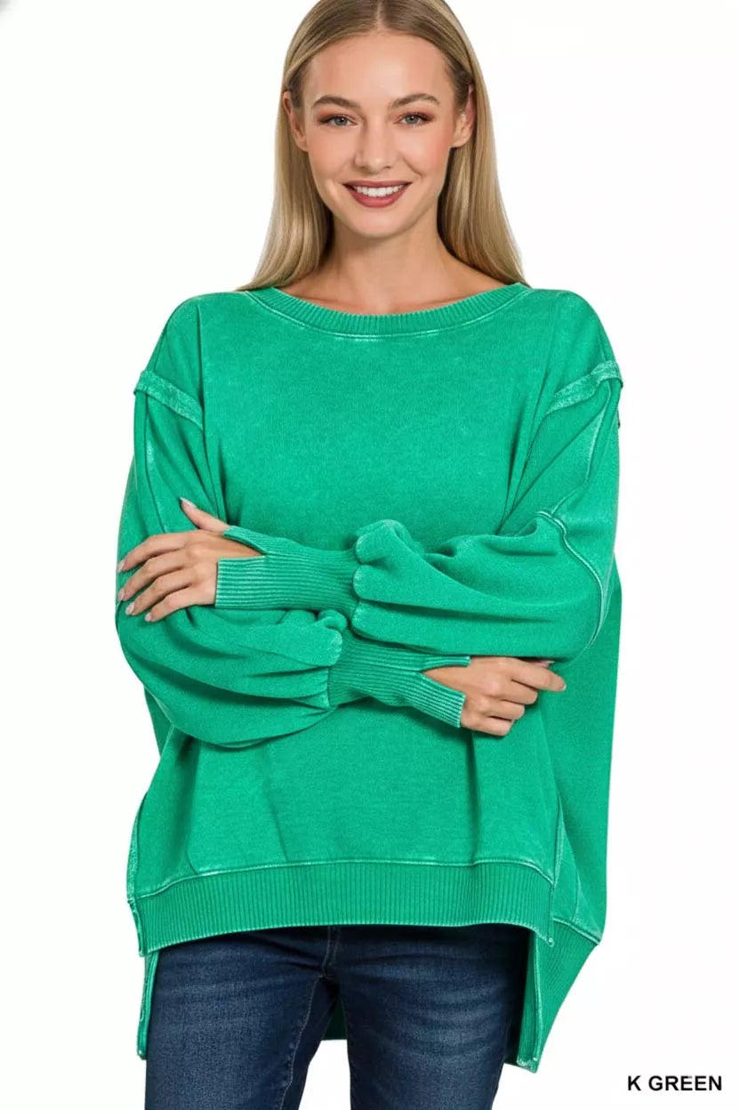Acid Washed Batwing Sleeve Fleece Sweatshirt