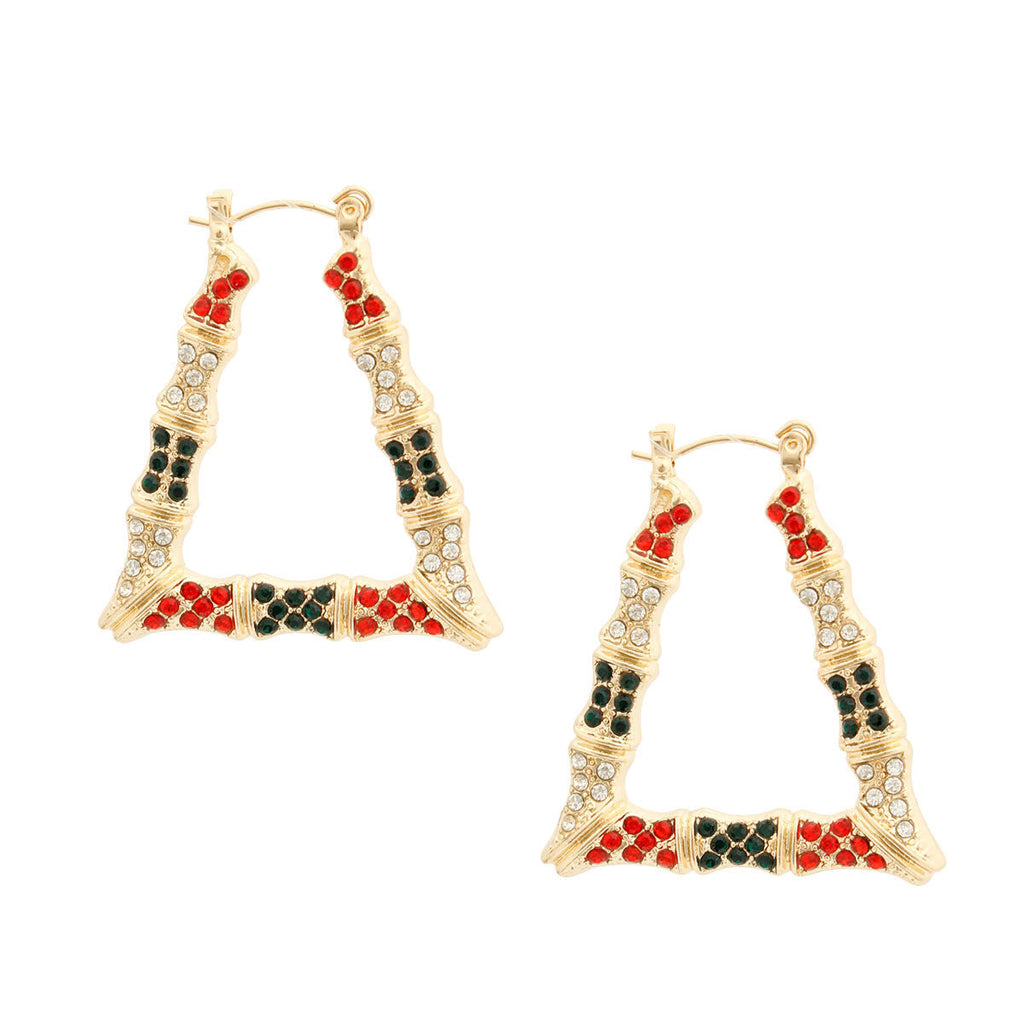 Statement Bamboo Hoops Earrings with Red and Green Bling Trapezoid Design