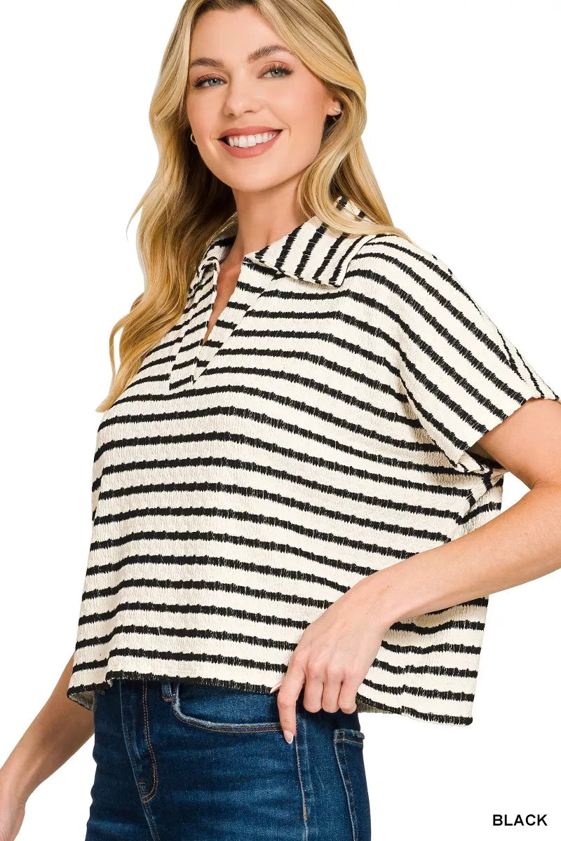 Striped Split Neck Collared Top