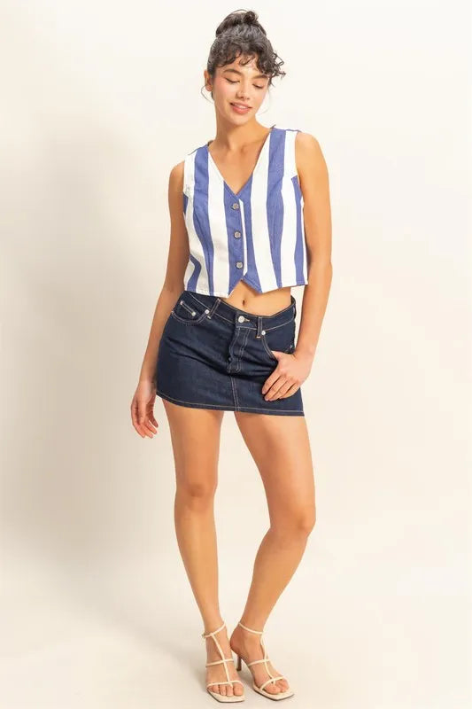 Woven Striped V-Neck Button Down Vest