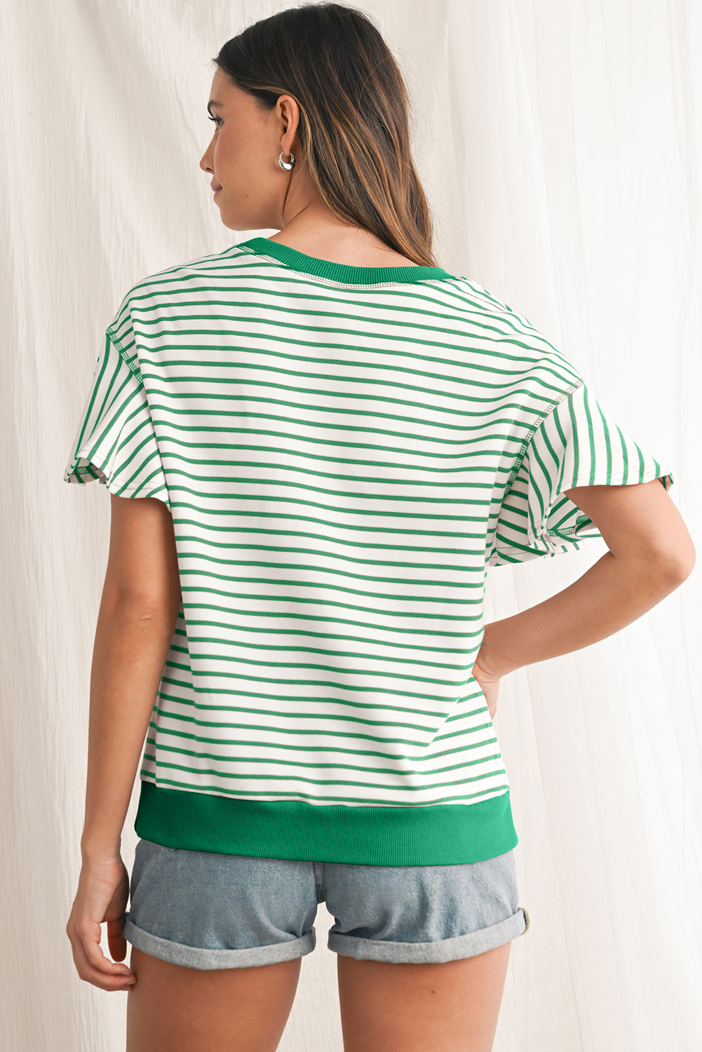 Parchment Striped Ruffle Sleeve Round Neck Top