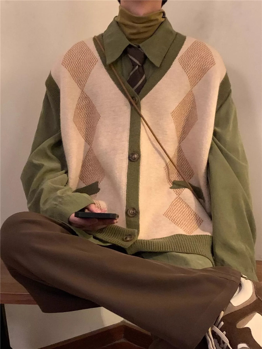 Men's Argyle Knit Button Up Cardigan Sweater Vest