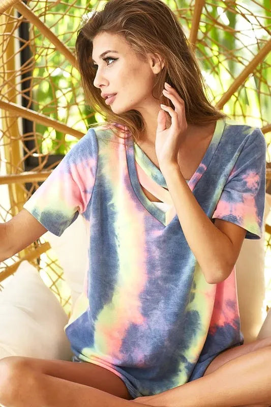 Tie Dye Terry V Neck Top With Double Strap
