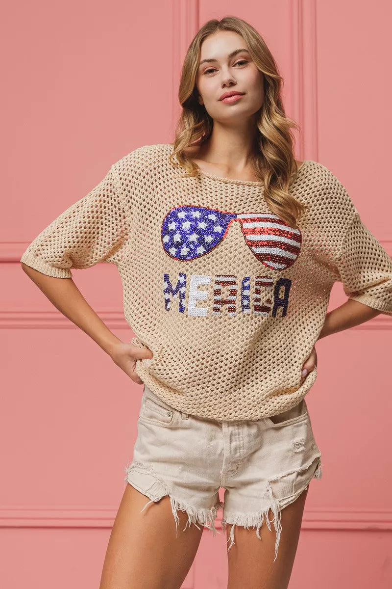 Sequin American Flag Sunglasses Knit Cover Up