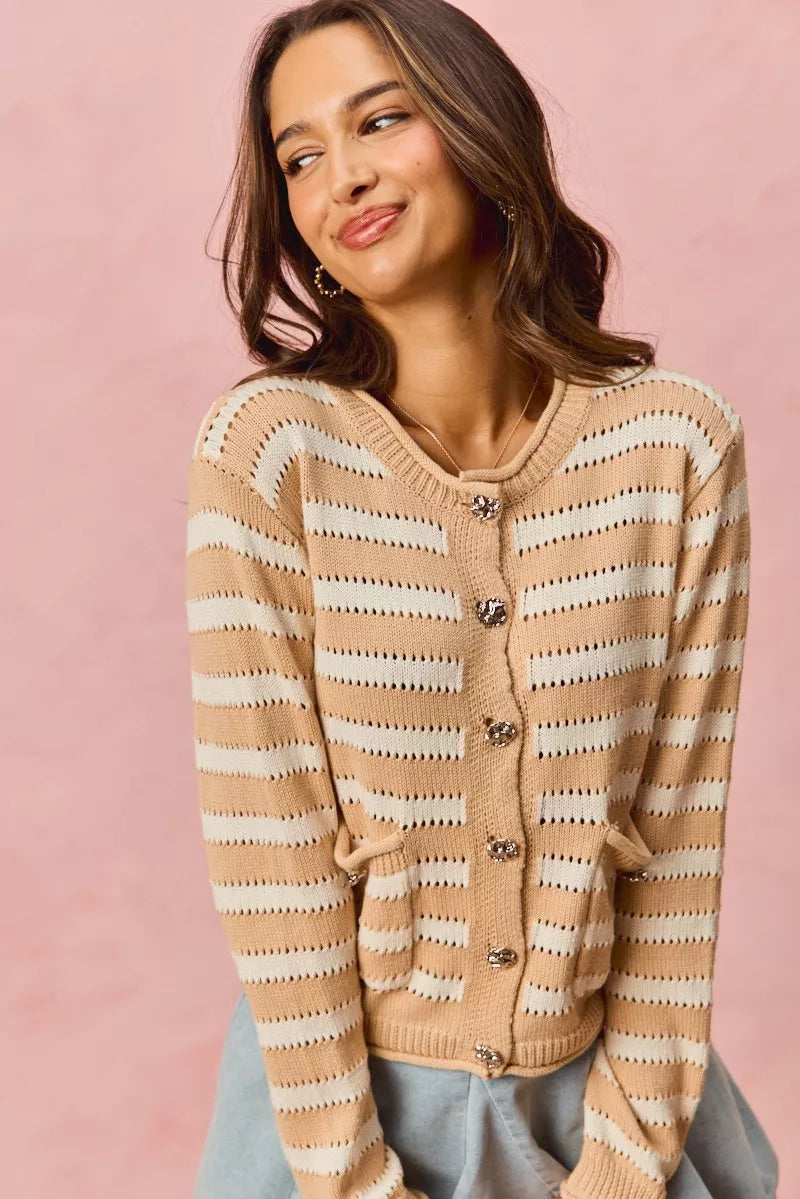 Stripe Long Sleeves Button Sweater Cardigan