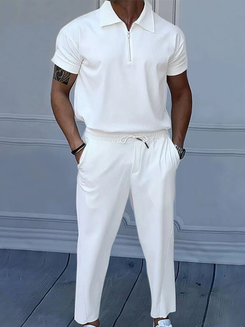 Men's Full Size Quarter Zip Short Sleeve Polo and Pants Set Plus Size
