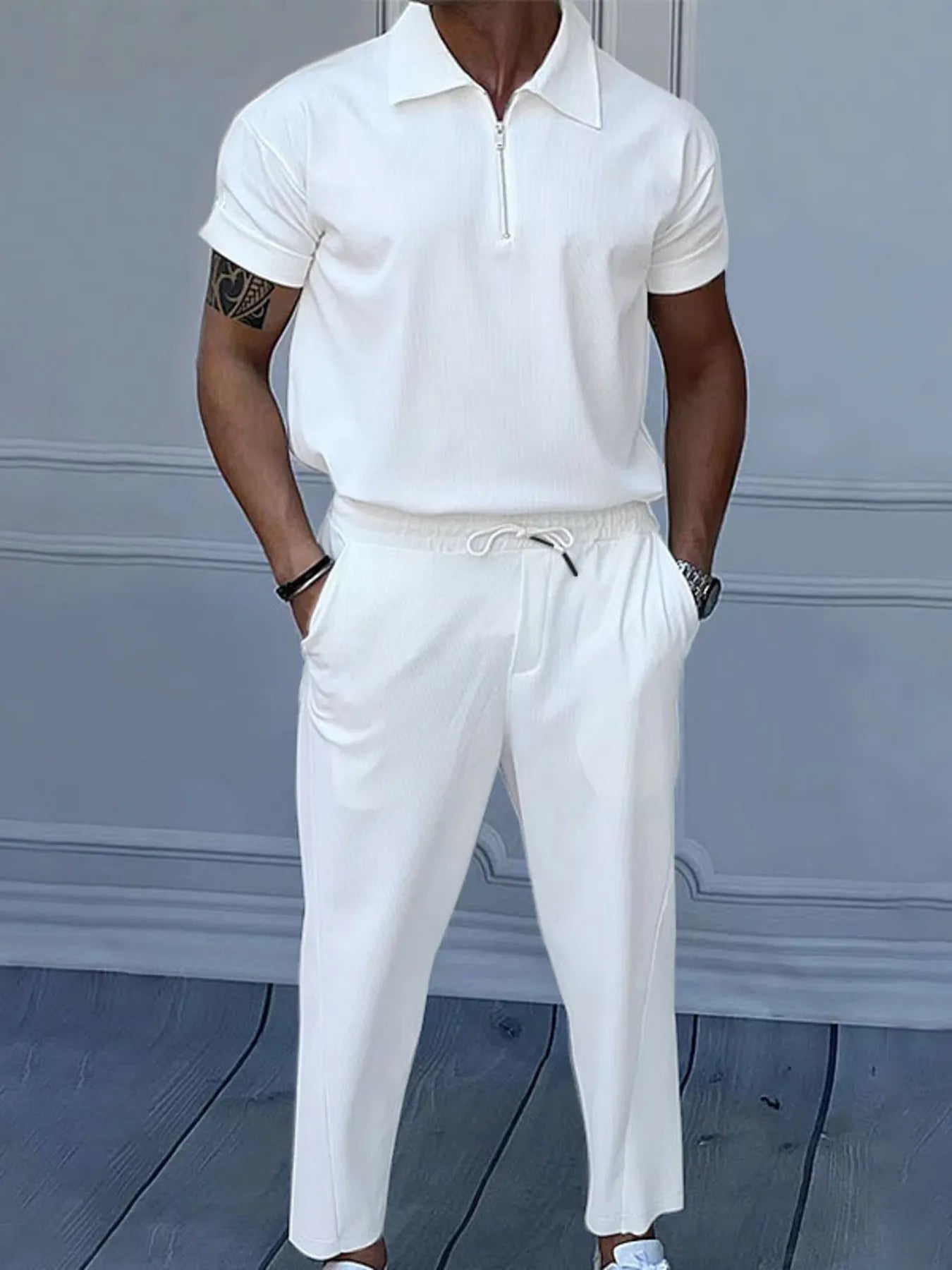 Men's Full Size Quarter Zip Short Sleeve Polo and Pants Set Plus Size