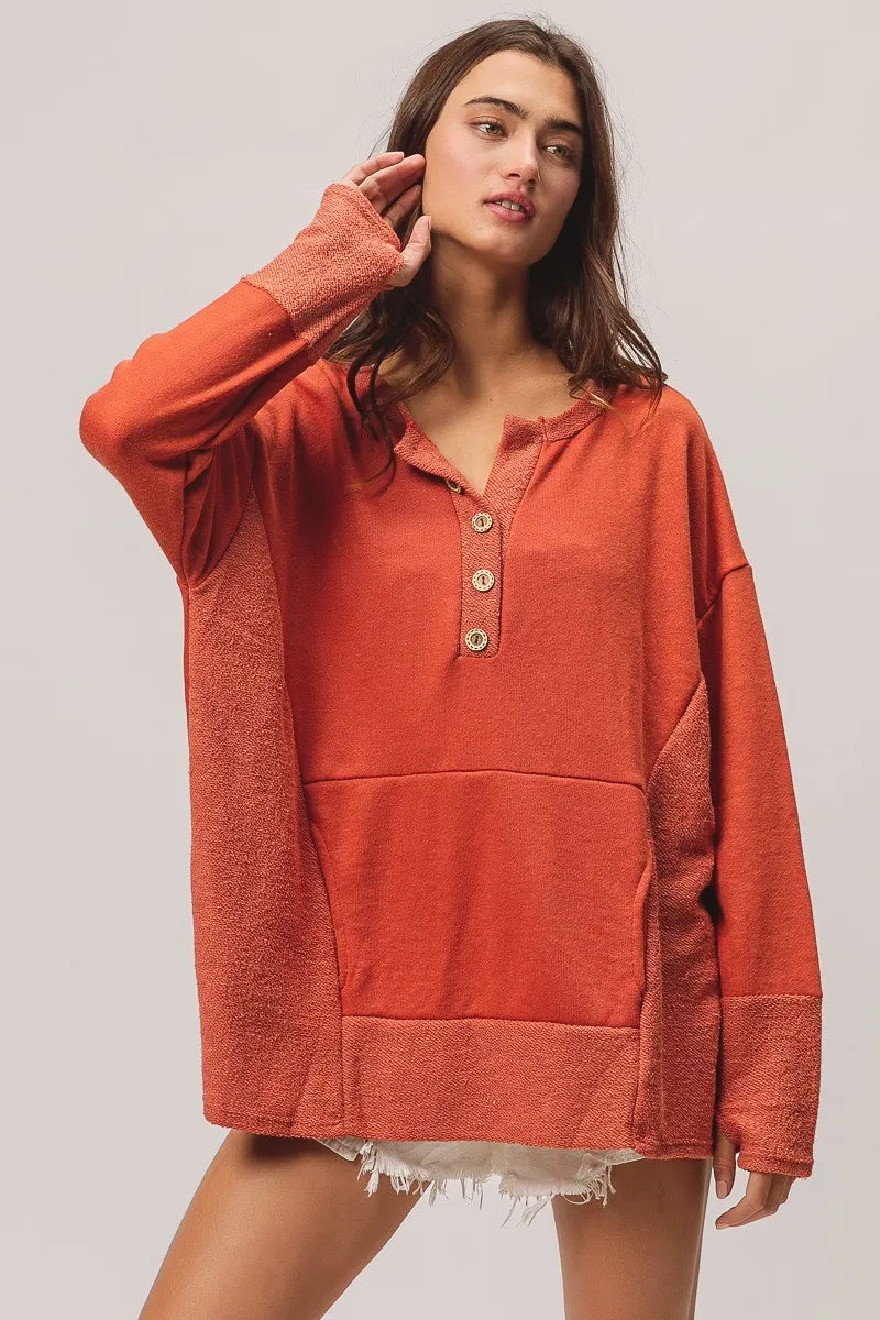 French Terry Knit Side Block Buttoned Henley Top