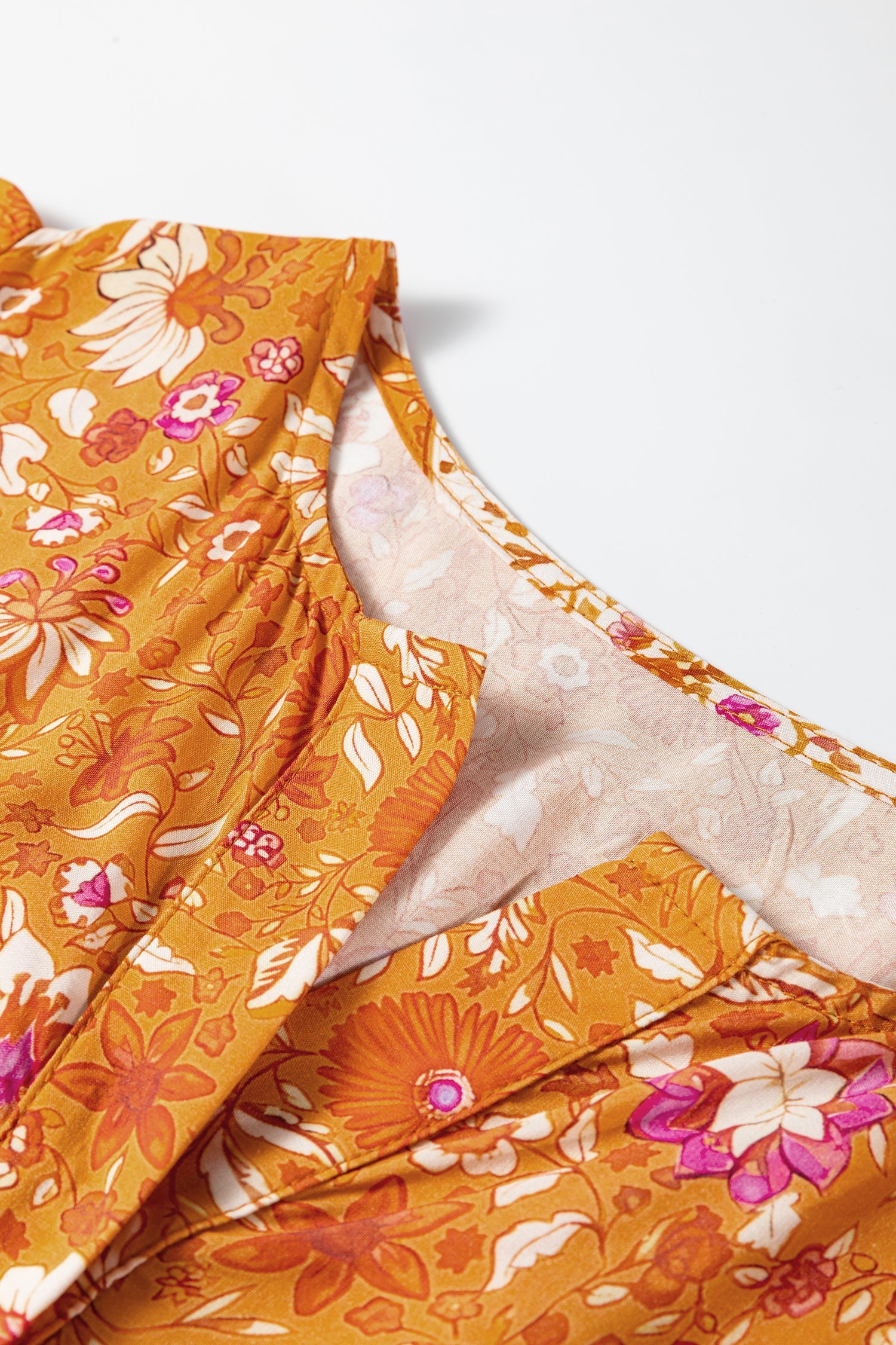 Orange Floral Print Smocked Waist Long Sleeve Boho Maxi Dress