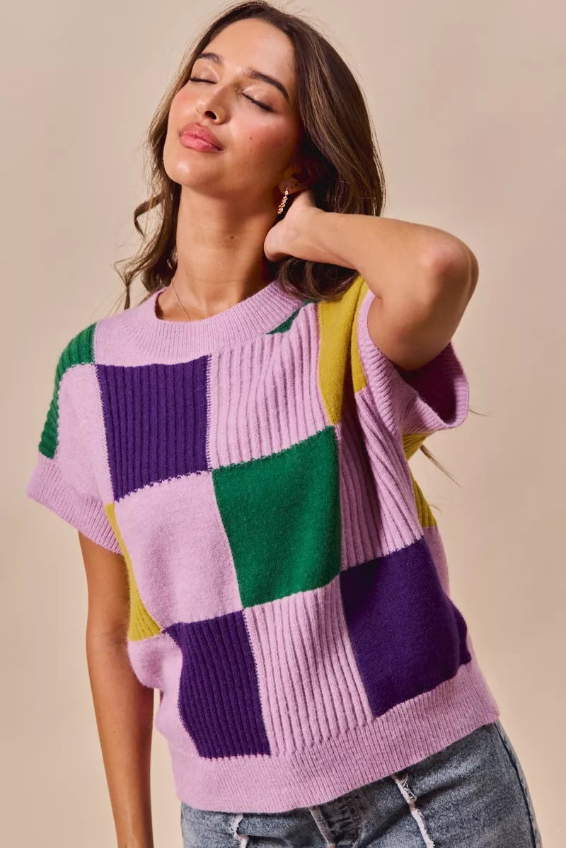Mardi Gras Check Plaid Casual Sweater Top