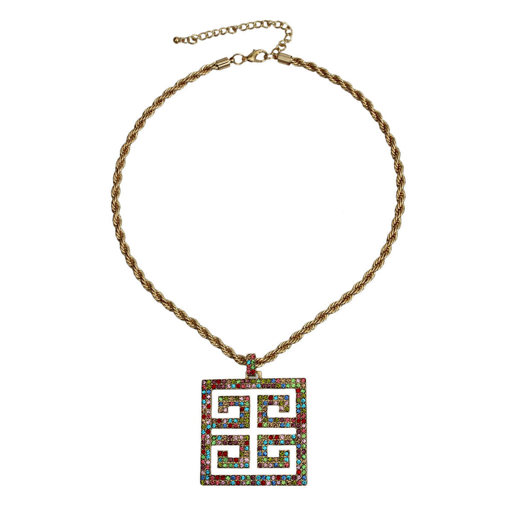Statement Pendant Necklace with Multi Color Greek Key Design, Trendy and Stylish