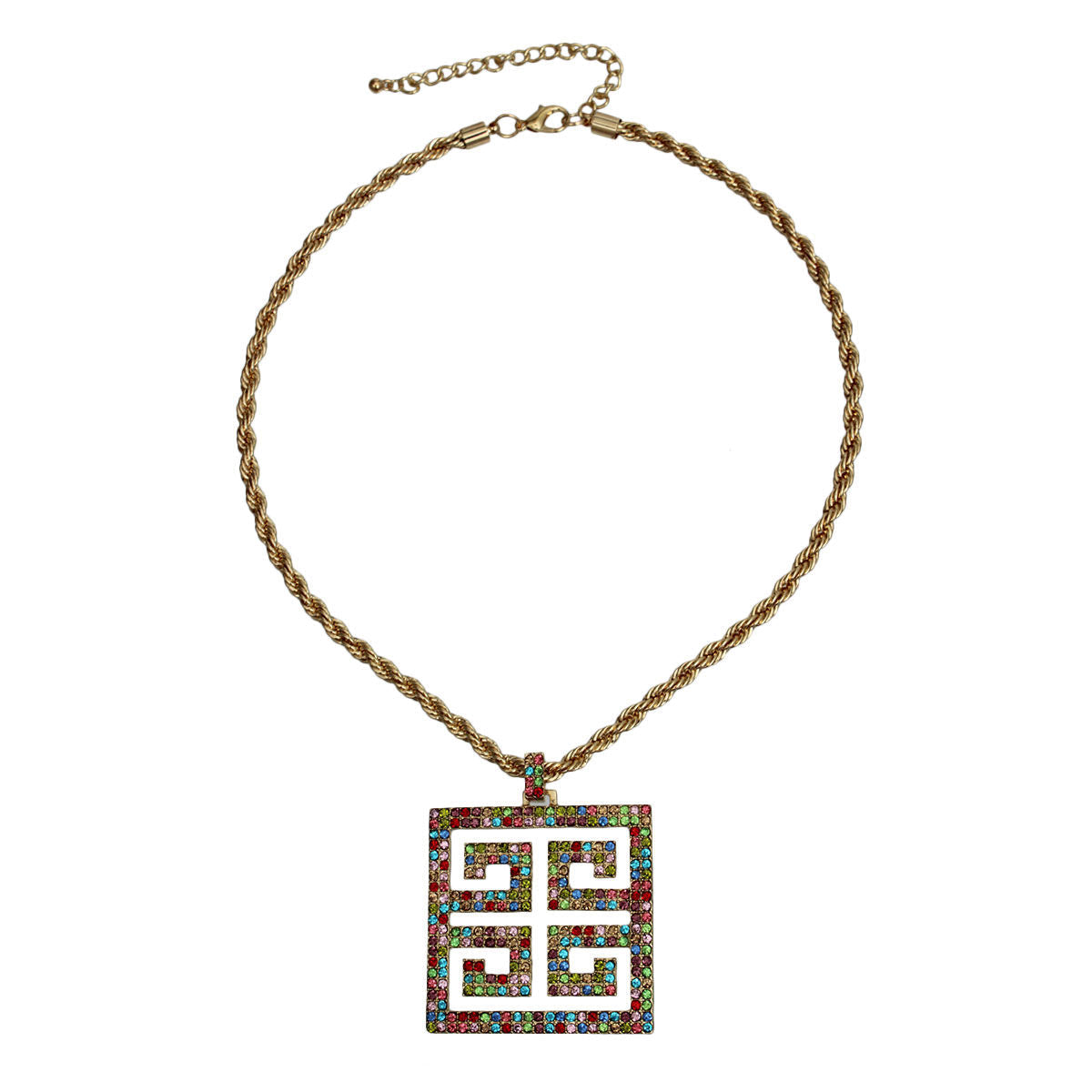 Statement Pendant Necklace with Multi Color Greek Key Design, Trendy and Stylish