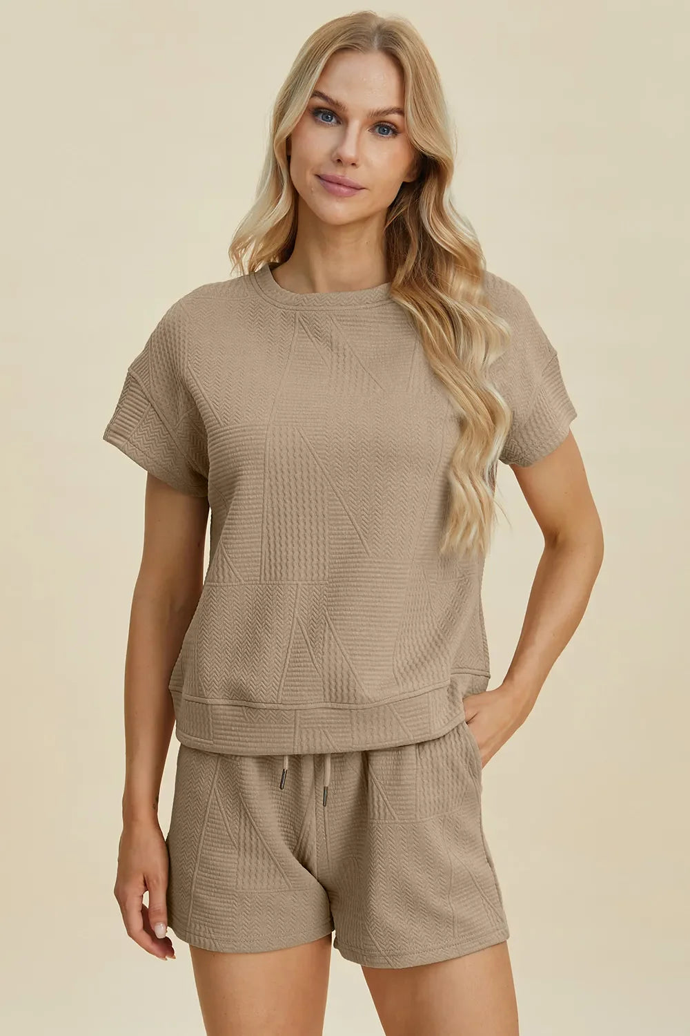I am a Fashion Junky Full Size Texture Short Sleeve Top and Shorts Set