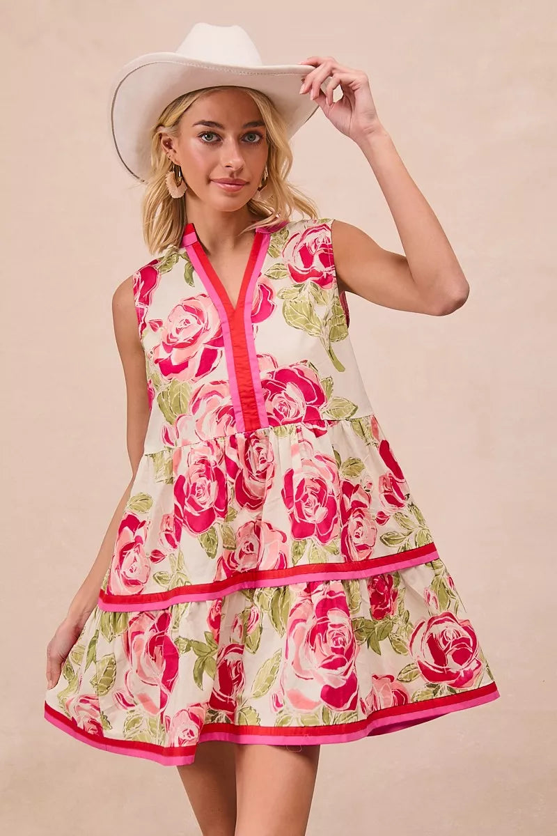 Floral Woven Contrast Edge Tiered Ruffle Mini Dress