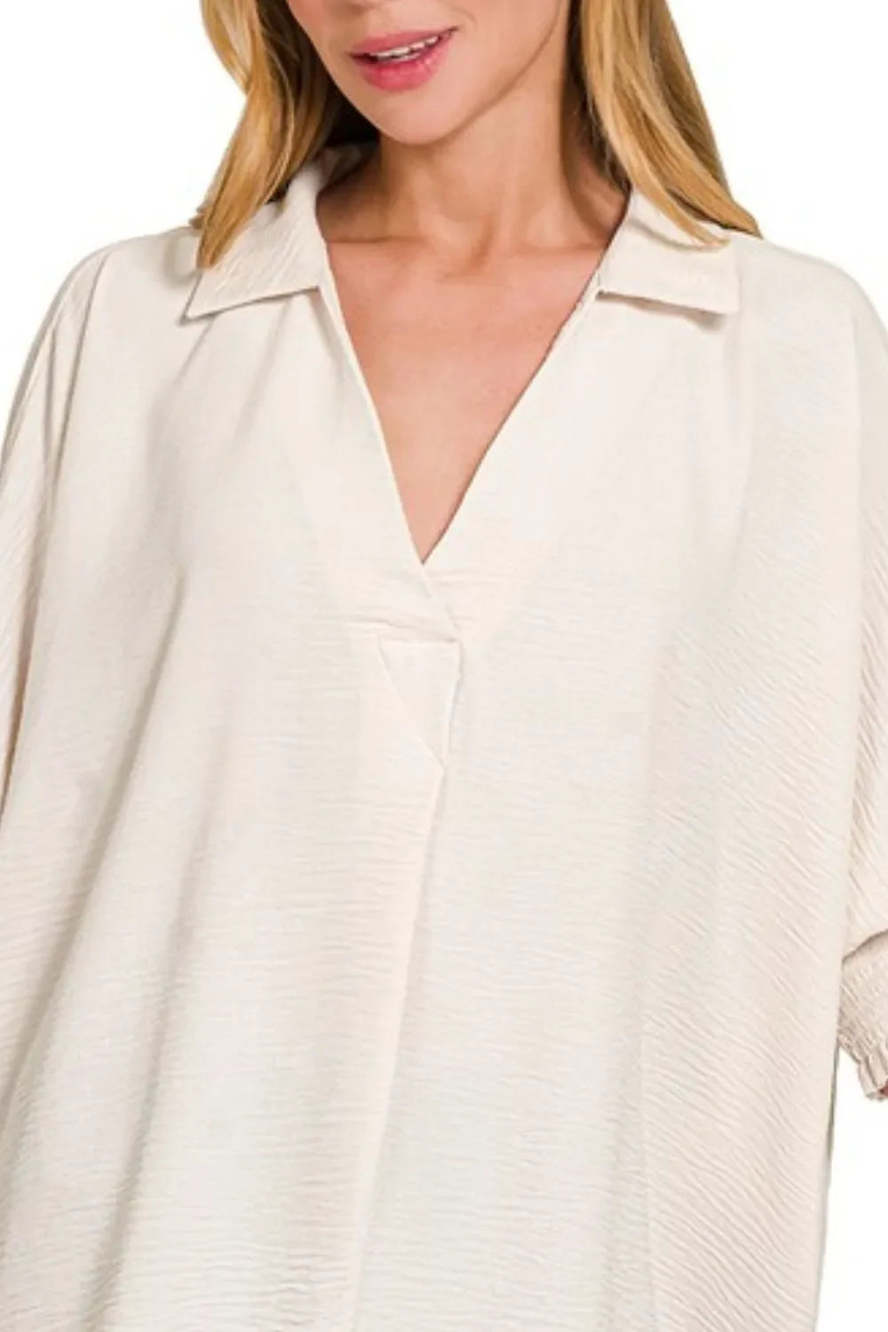 Airflow Collar Tee with Smocked Sleeve Band Top