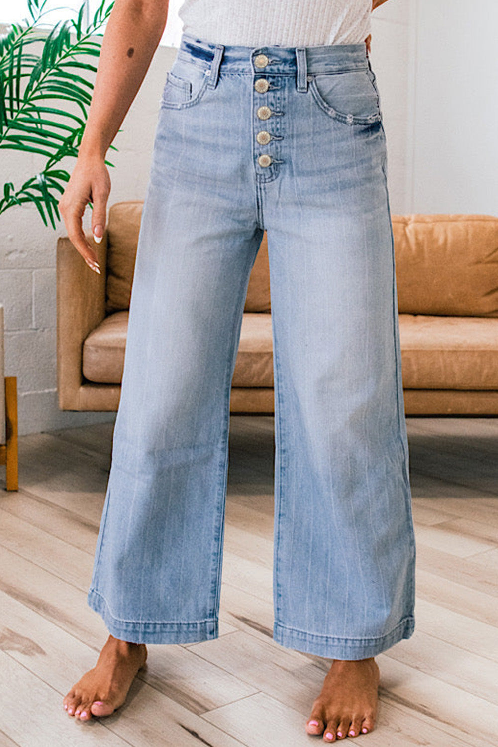 Beau Blue Multi Buttons Pinstripe Wide Leg Jeans