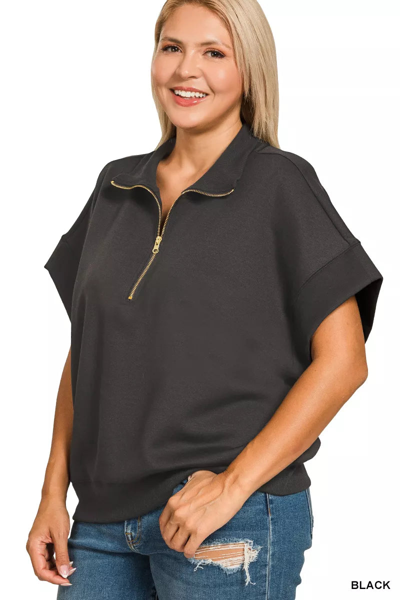 Full Size Scuba High Neck Half Zip Short Sleeve Top Plus Size
