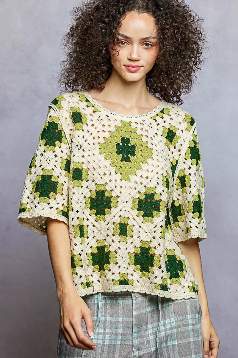 Round Neck Short Sleeve Color Pattern Crochet Top with Border Accents