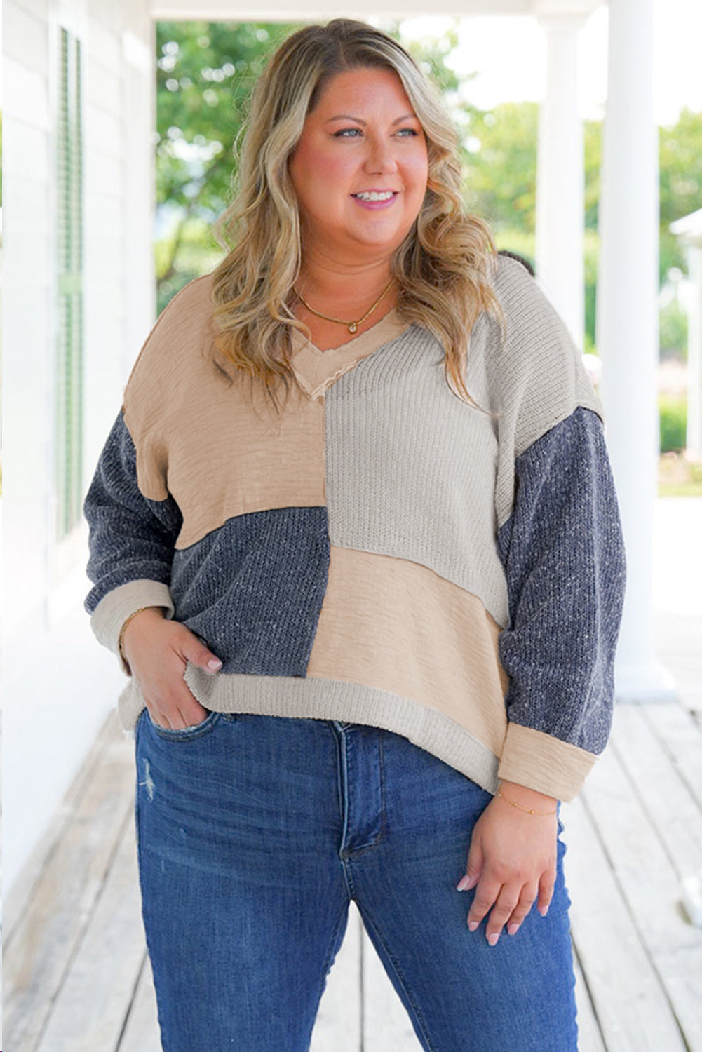 Plus Size Textured Colorblock Patchwork V Neck Top