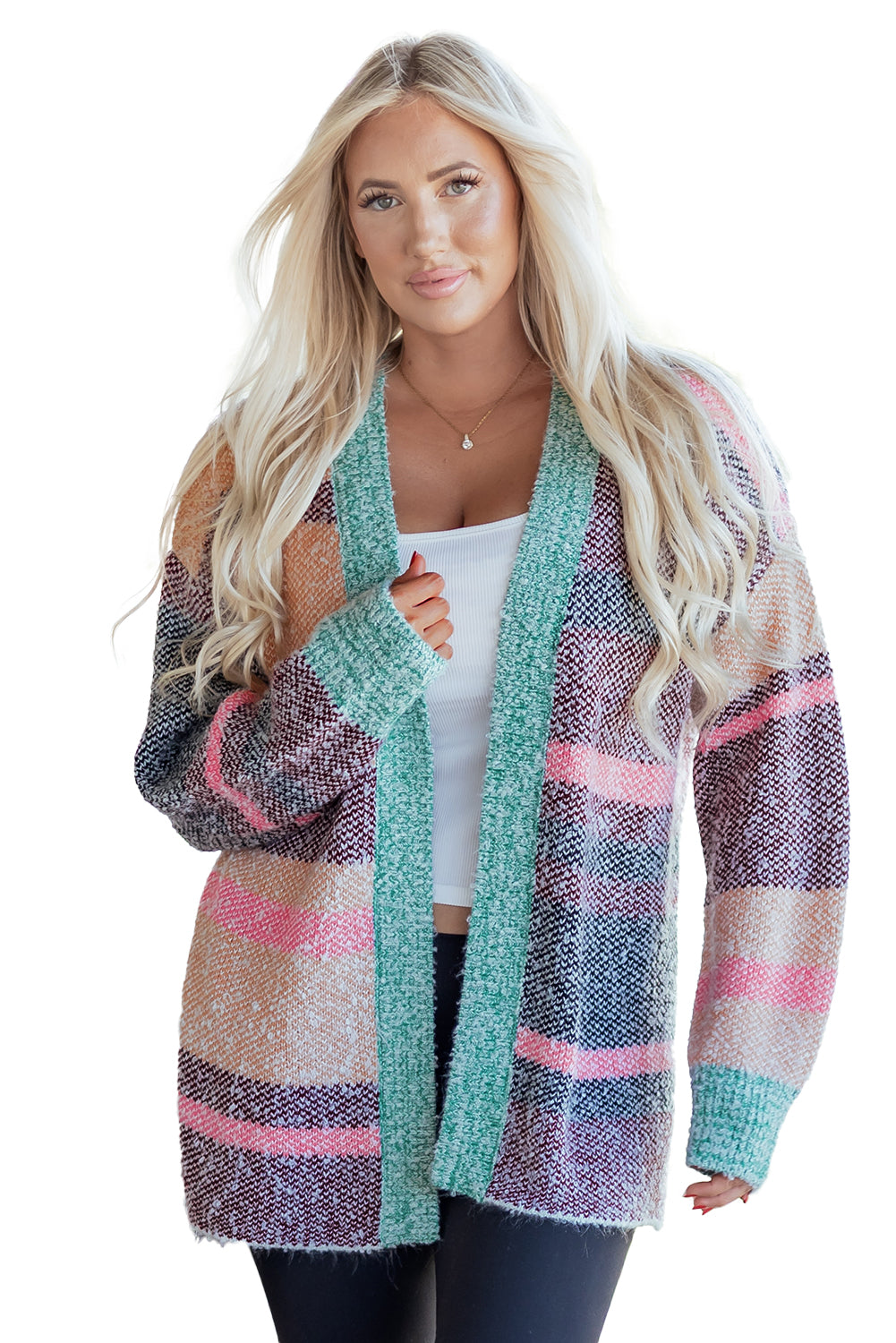 Multicolour Color Block Striped Side Slit Open Front Cardigan