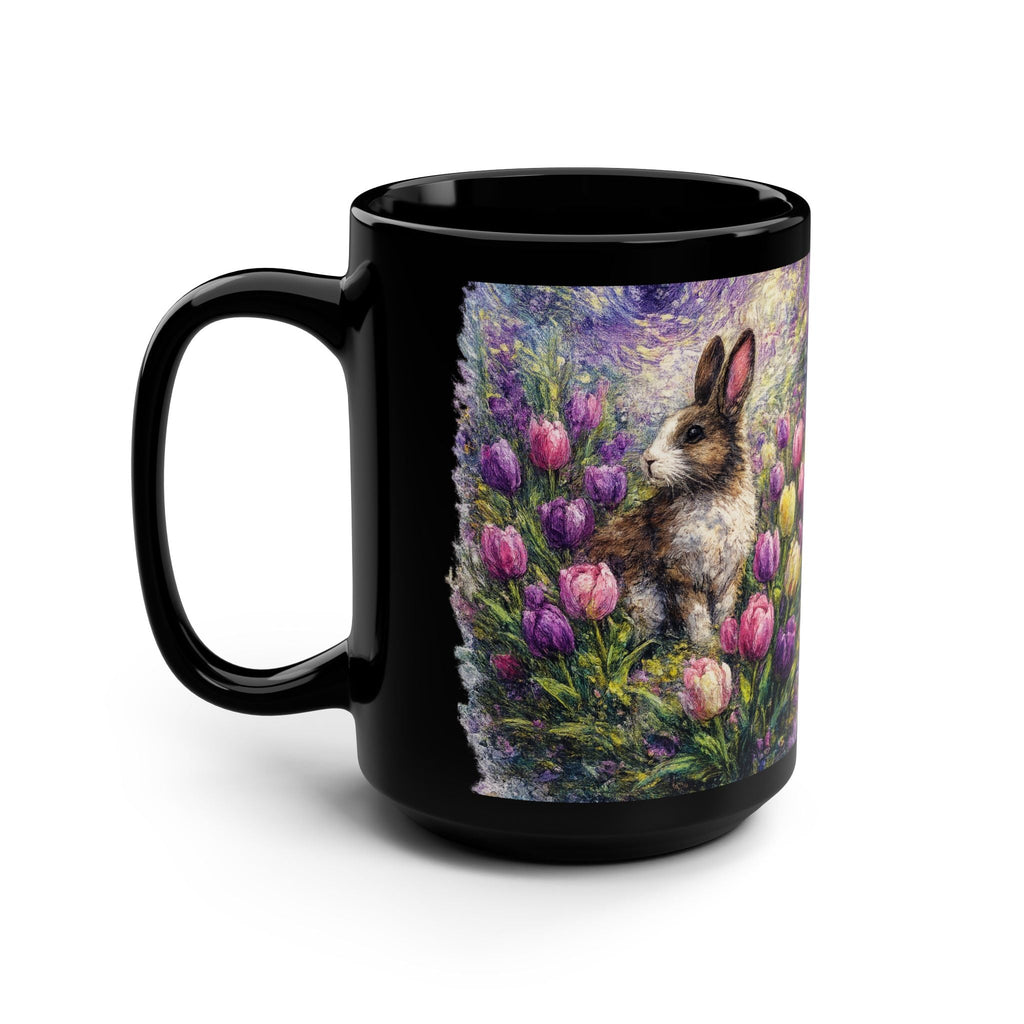 Floral Bunny Illustration Mug | Black Ceramic 15oz