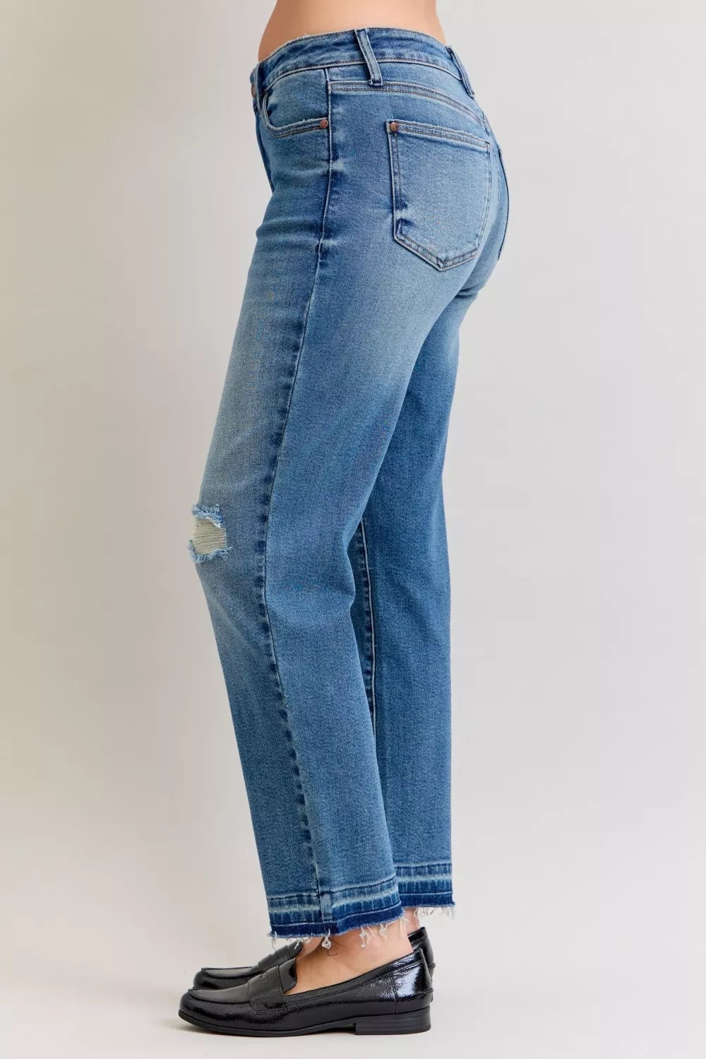 Full Size Mid Rise Bf Patch & Repair Destroy Release Hem Jeans Plus Size
