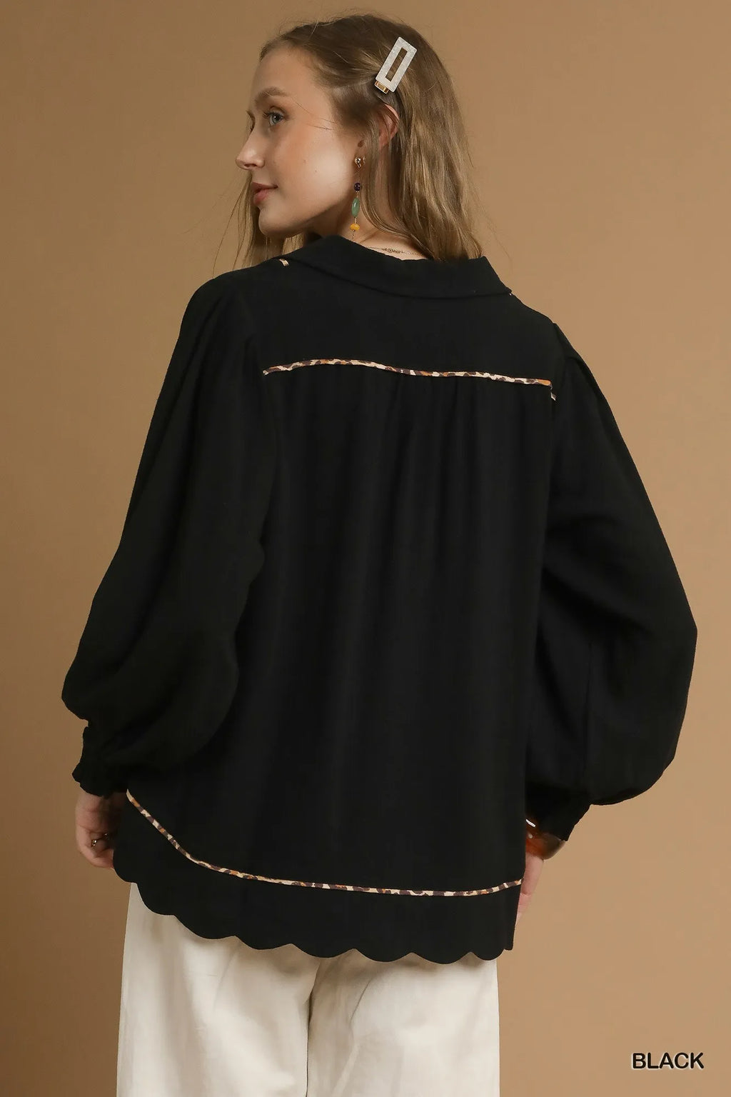 Full Size Linen Scallop Hem Blouse with Contrast Trim Plus Size
