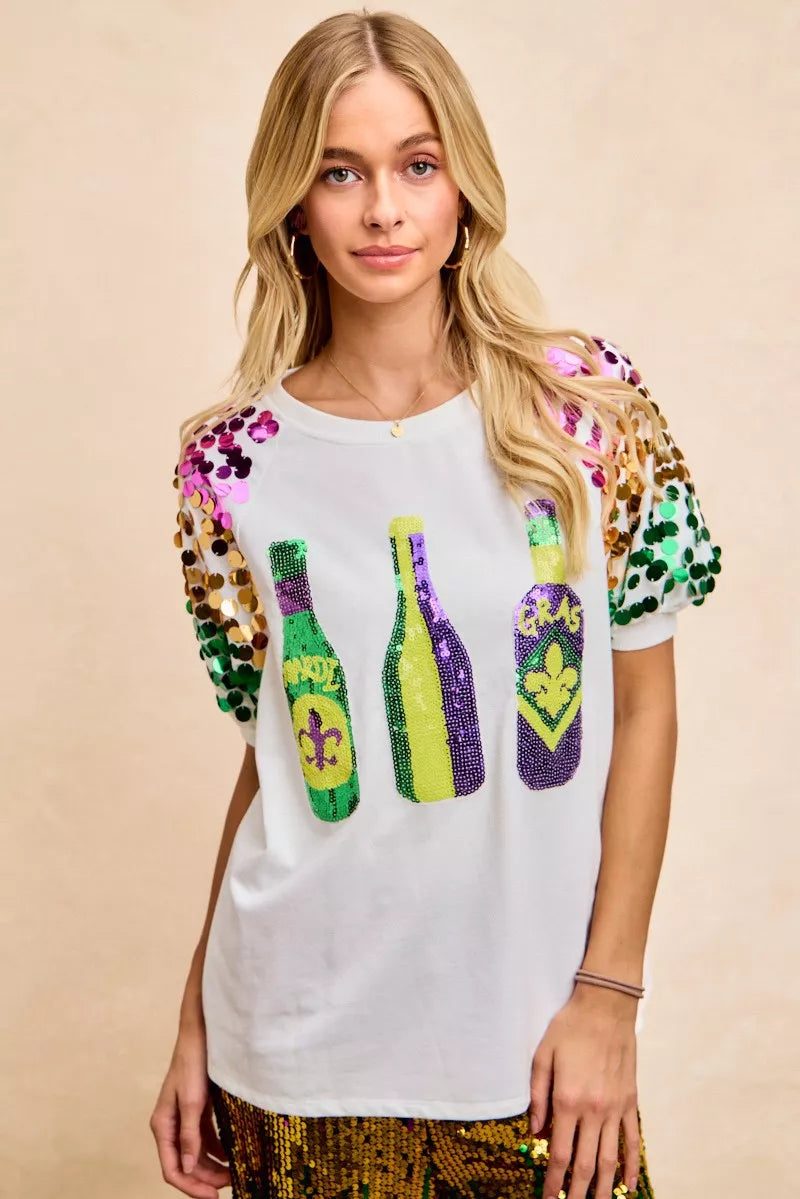 Sequin Mardi Gras Bottles Spangled Sleeve Top