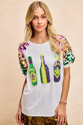 Sequin Mardi Gras Bottles Spangled Sleeve Top