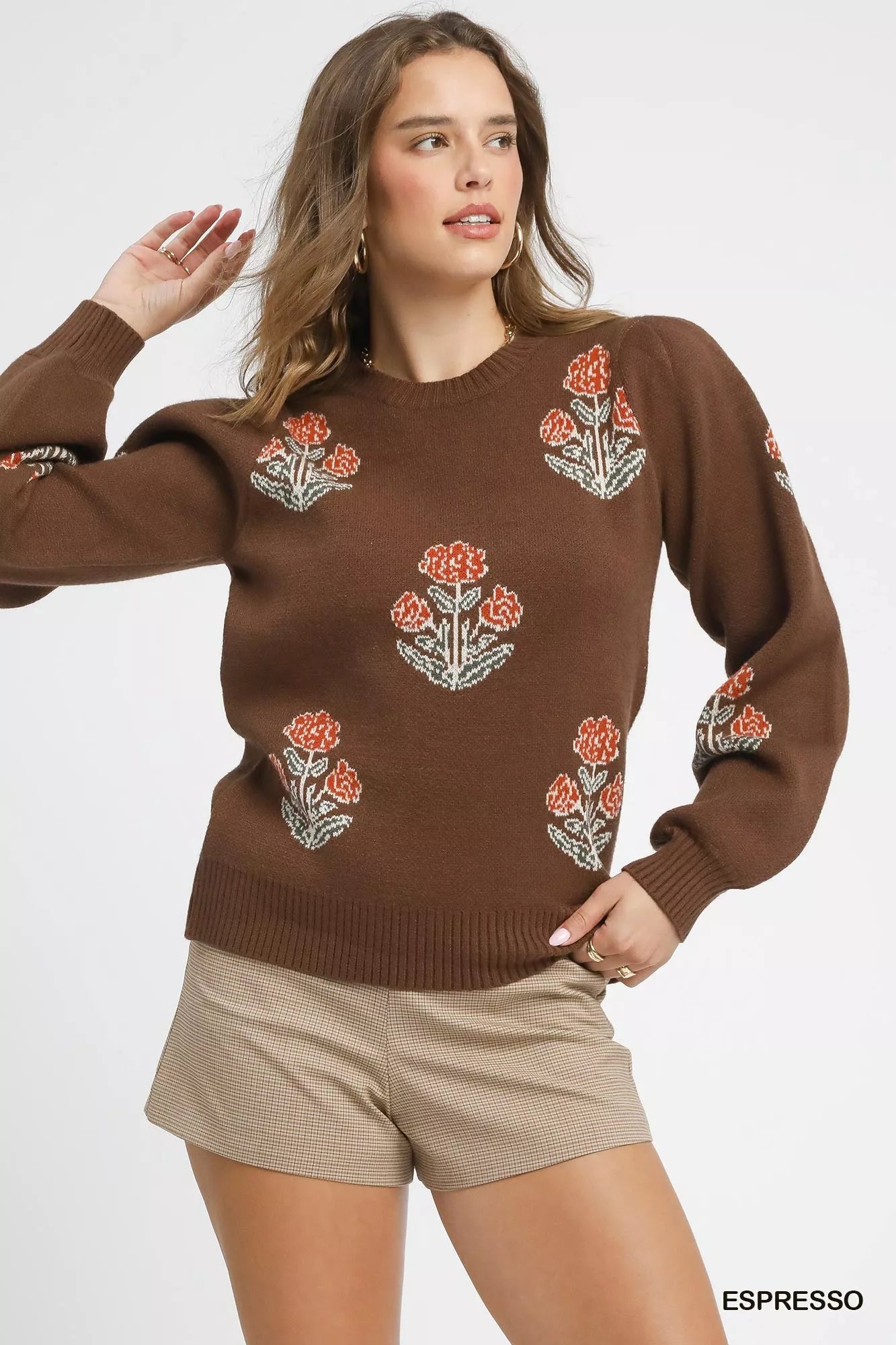 Floral Knit Sweater with Puff Sleeves