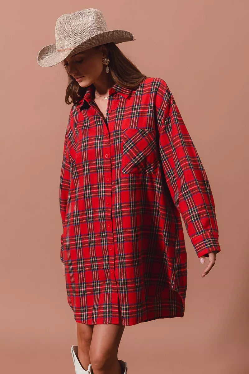 Christmas Checker Plaid Button Up Shirt Dress