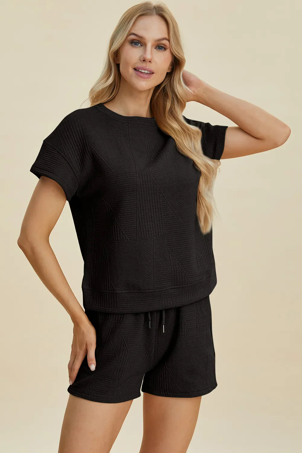 I am a Fashion Junky Full Size Texture Short Sleeve Top and Shorts Set