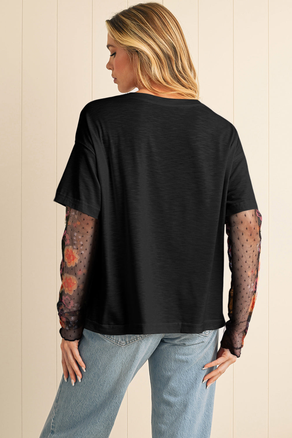 Fern Green Floral Mesh Patchwork Sleeve Crewneck Top