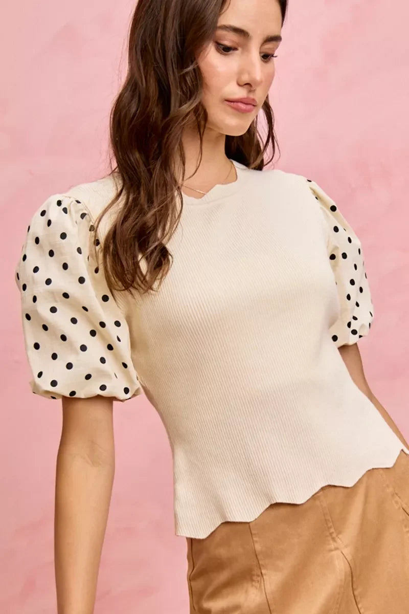 Polka Dot Contrast Woven Ballon Sleeve Blouse