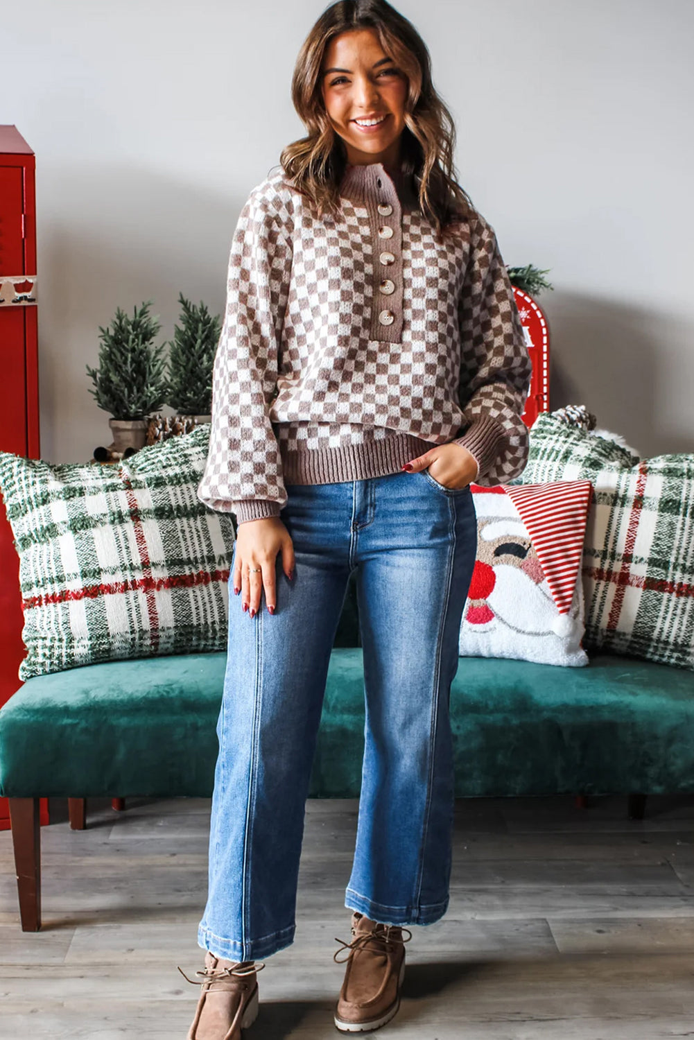 Dark Brown Half Button Ribbed Trim Checkerboard Knit Sweater