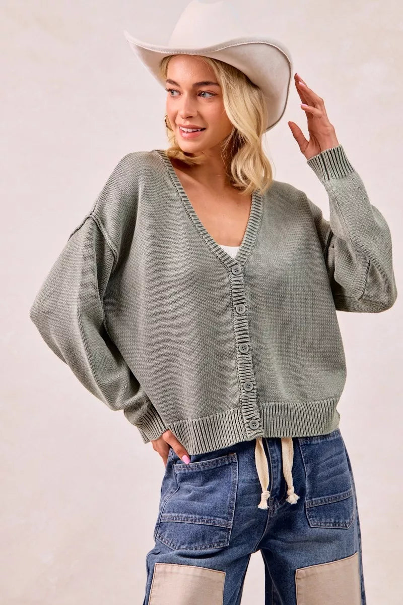Washed Sweater V Neck Cardigan