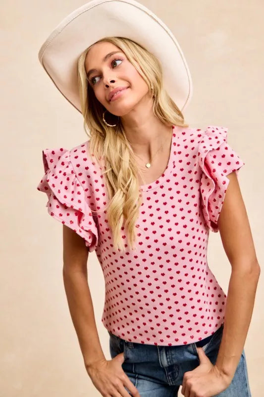 Heart Patterned Knit Ruffled Sleeves Top