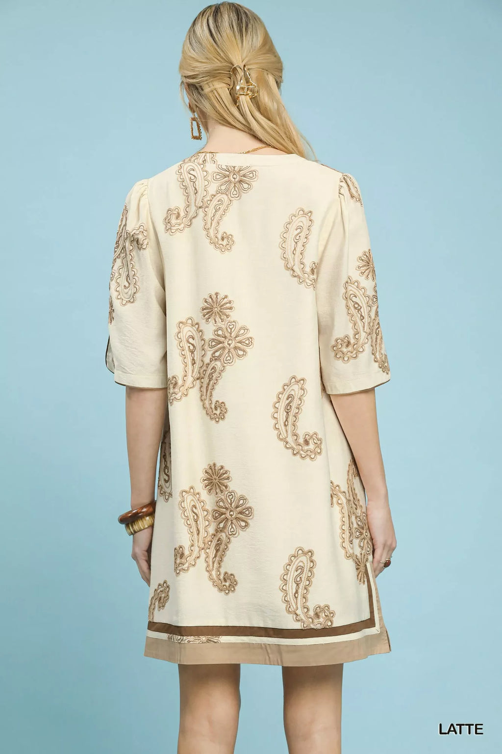 Embroidered Split Neck Shift Dress