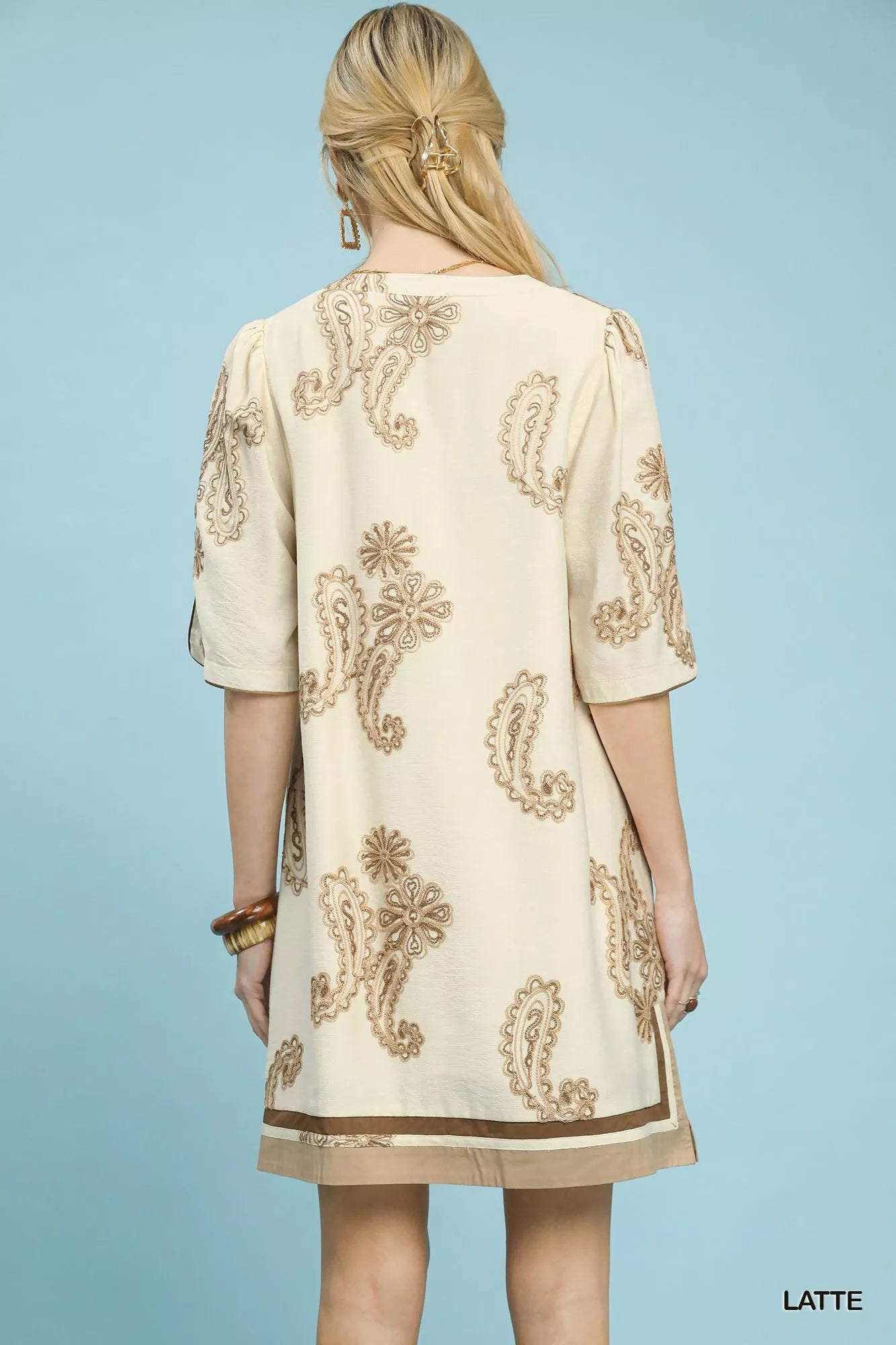 Embroidered Split Neck Shift Dress